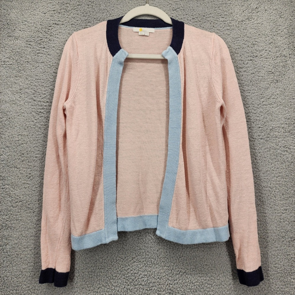 Boden Pink Linen Colorblock Open Front Cardigan Sweater Womens 2 XS